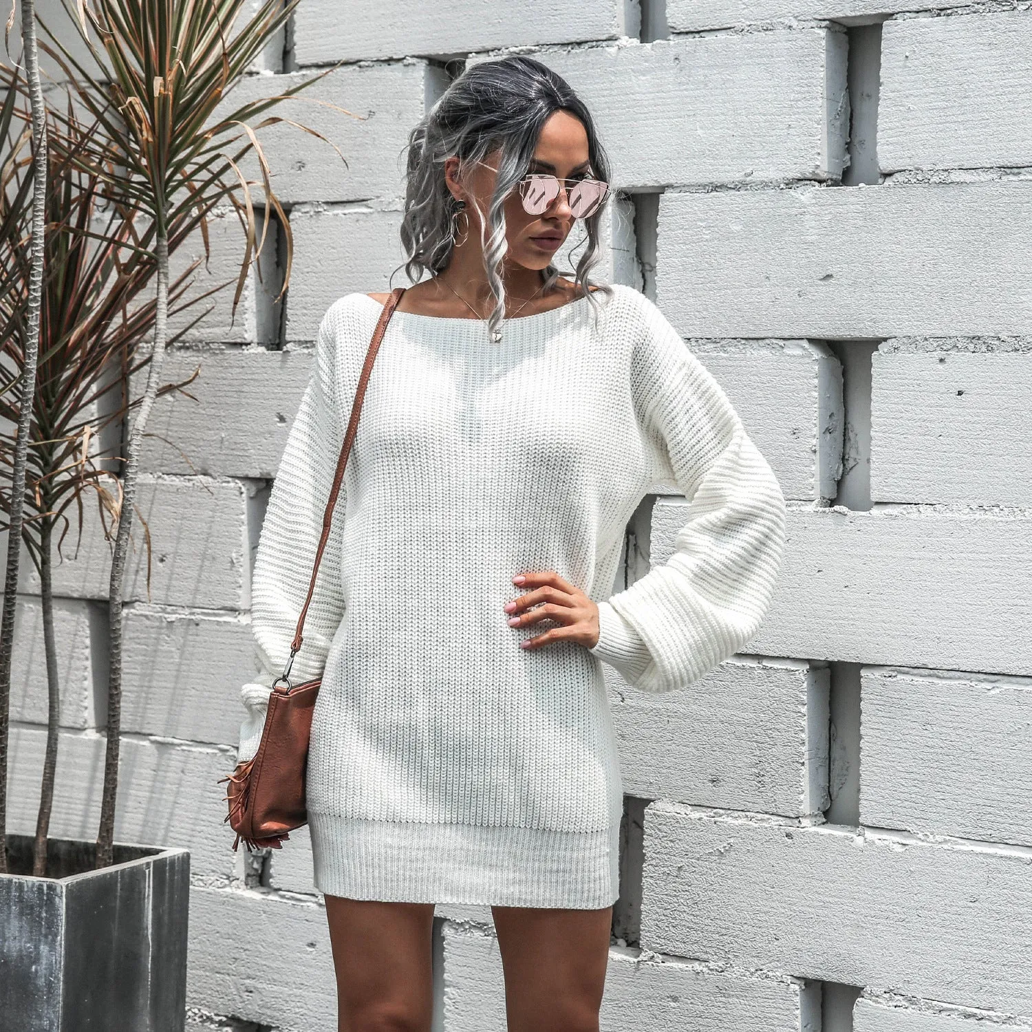 One Shoulder Lantern Sleeve Knit Sweater Mini Dresses