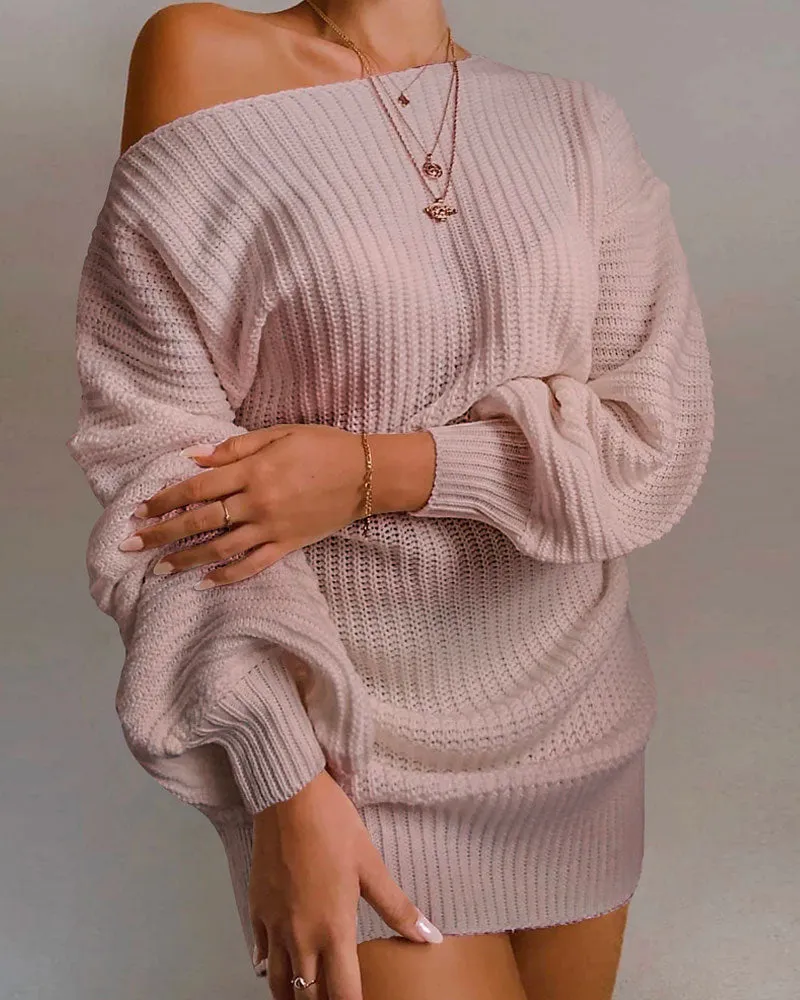 One Shoulder Lantern Sleeve Knit Sweater Mini Dresses