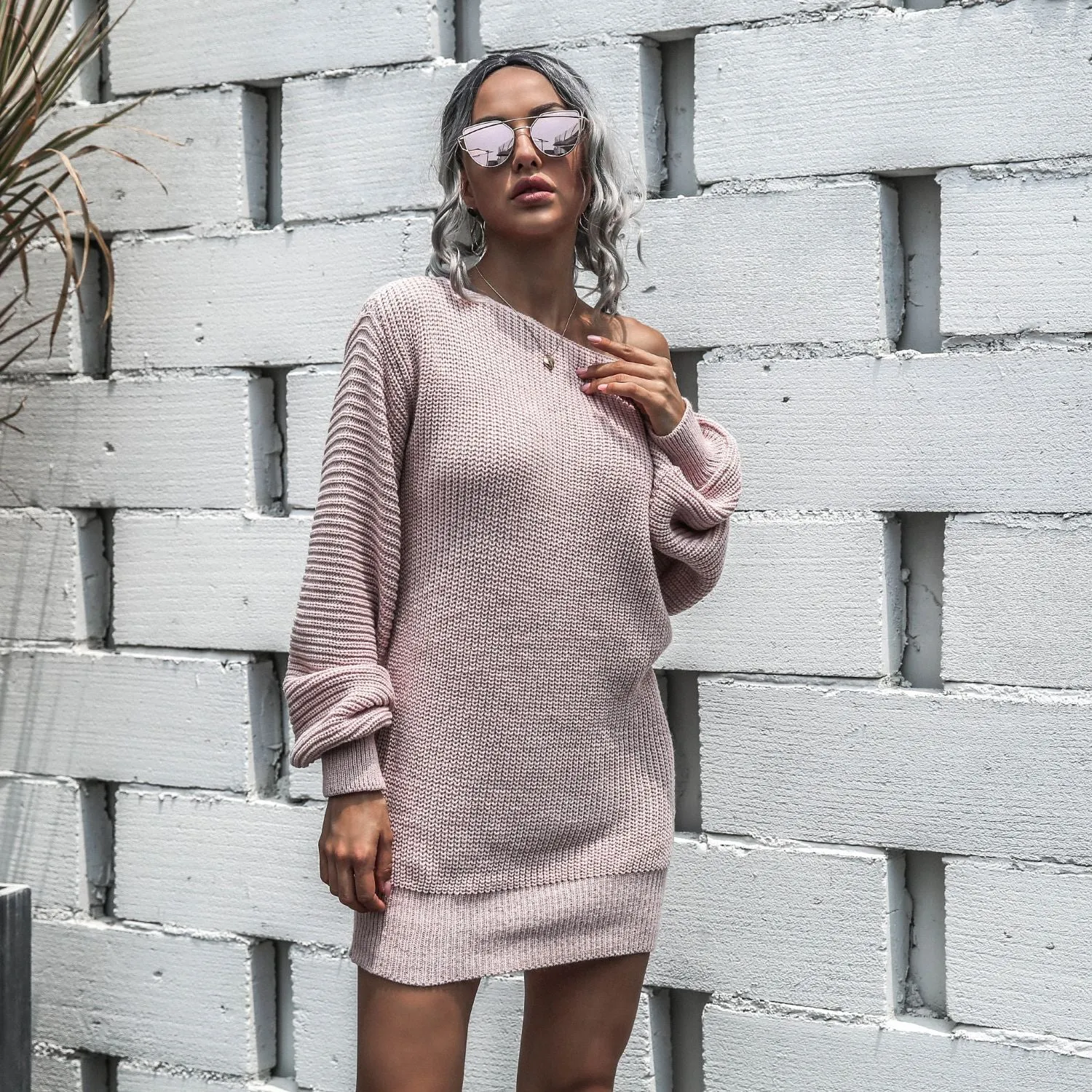 One Shoulder Lantern Sleeve Knit Sweater Mini Dresses