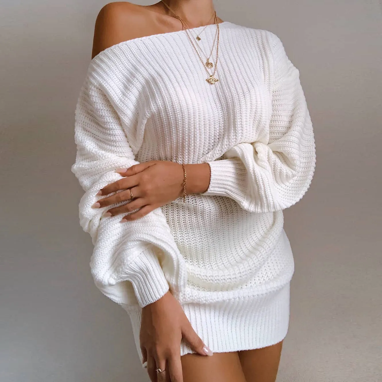 One Shoulder Lantern Sleeve Knit Sweater Mini Dresses