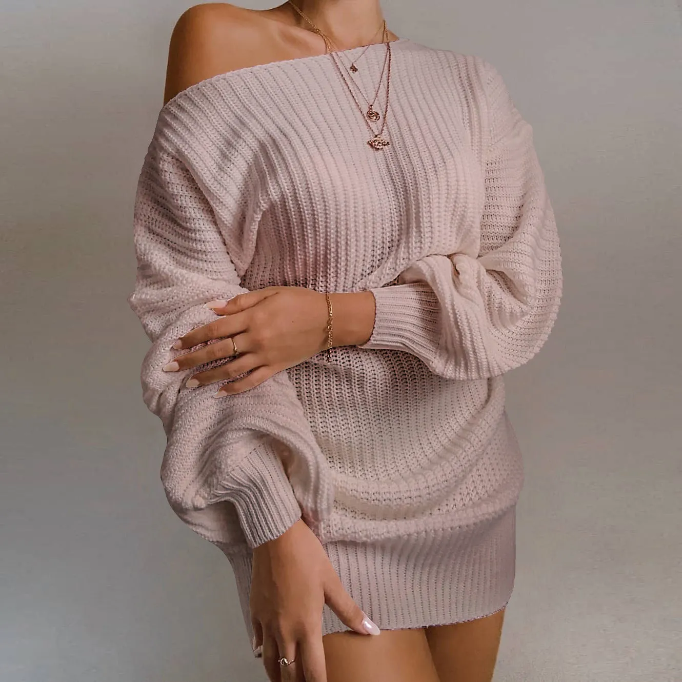 One Shoulder Lantern Sleeve Knit Sweater Mini Dresses