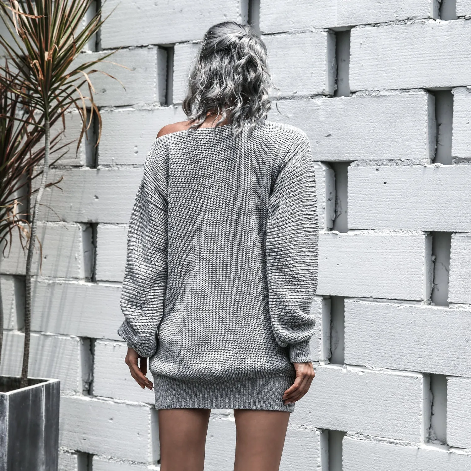 One Shoulder Lantern Sleeve Knit Sweater Mini Dresses