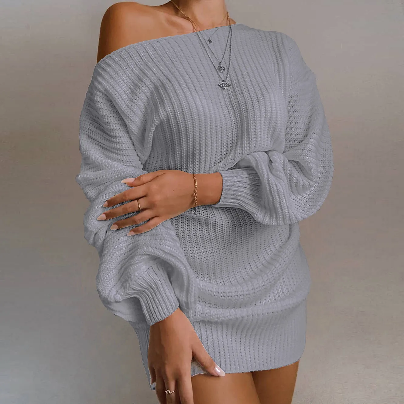 One Shoulder Lantern Sleeve Knit Sweater Mini Dresses