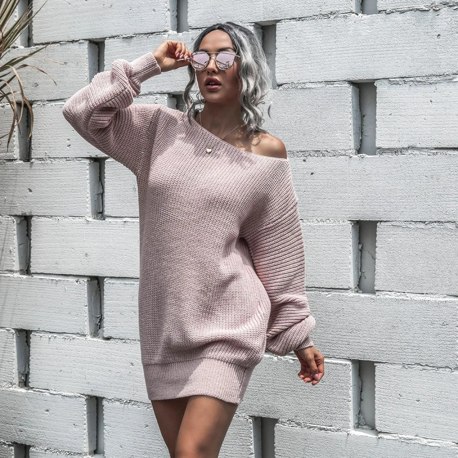 One Shoulder Lantern Sleeve Knit Sweater Mini Dresses