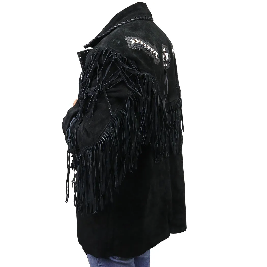 Perrini Native American Leather Jacket Cowboy Coat With Fringe & Beads Black