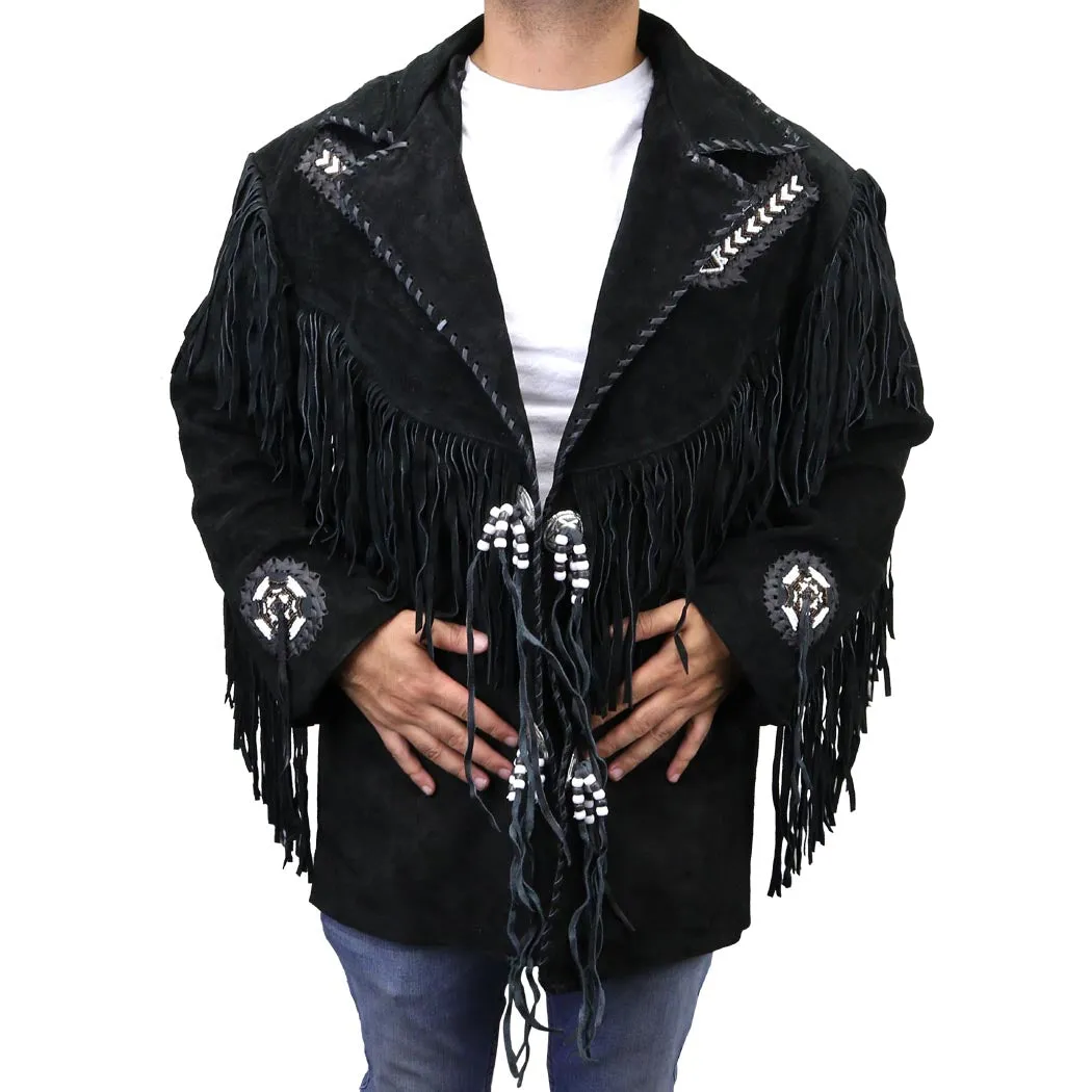 Perrini Native American Leather Jacket Cowboy Coat With Fringe & Beads Black