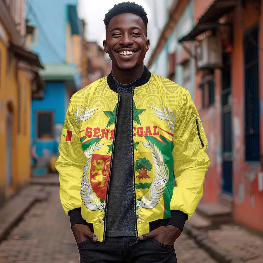 Personalised Afro Senegal Sleeve Zip Bomber Jacket Coat Of Arms Mix African Pattern LT15