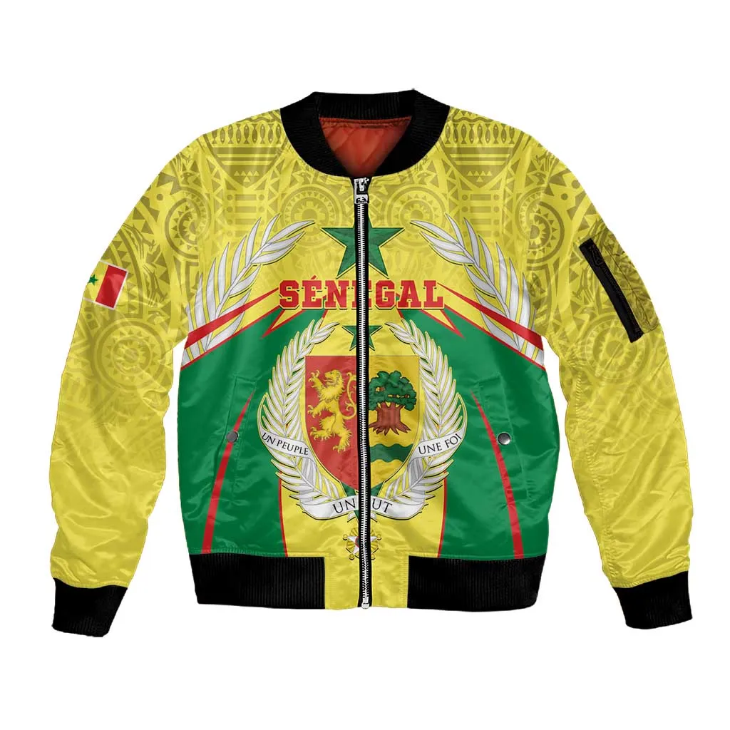 Personalised Afro Senegal Sleeve Zip Bomber Jacket Coat Of Arms Mix African Pattern LT15