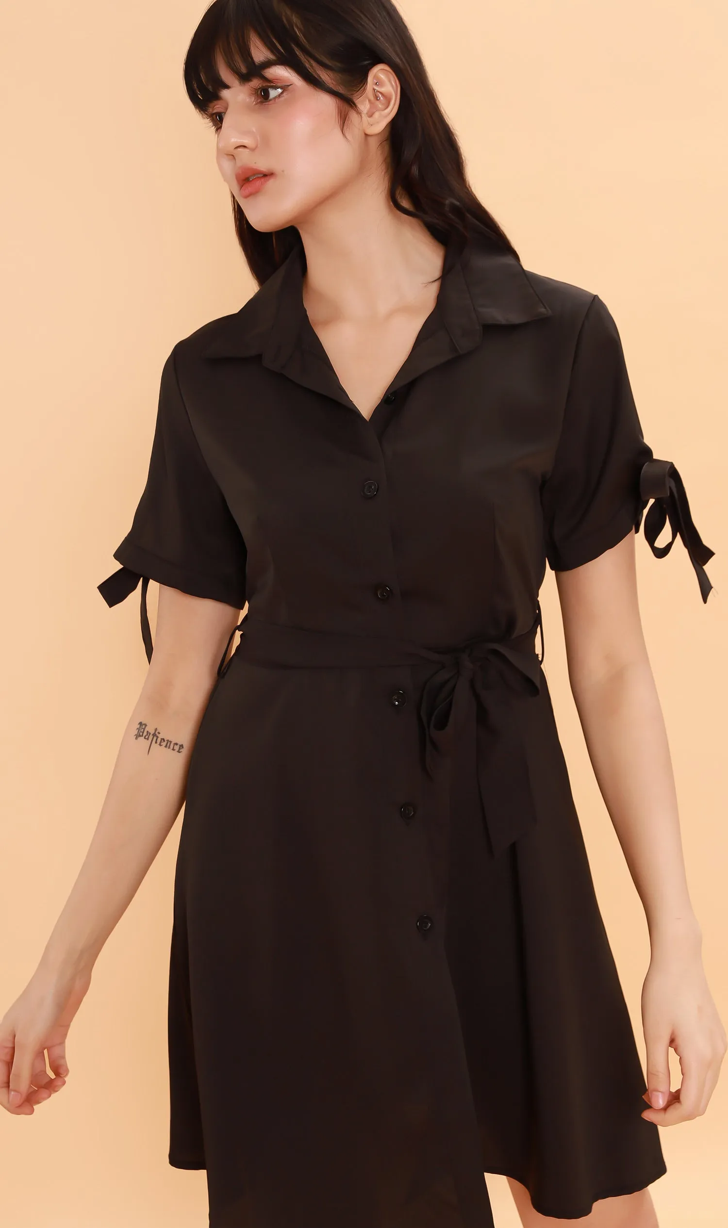 PEYTON Belted Button-Down Dress (Black)