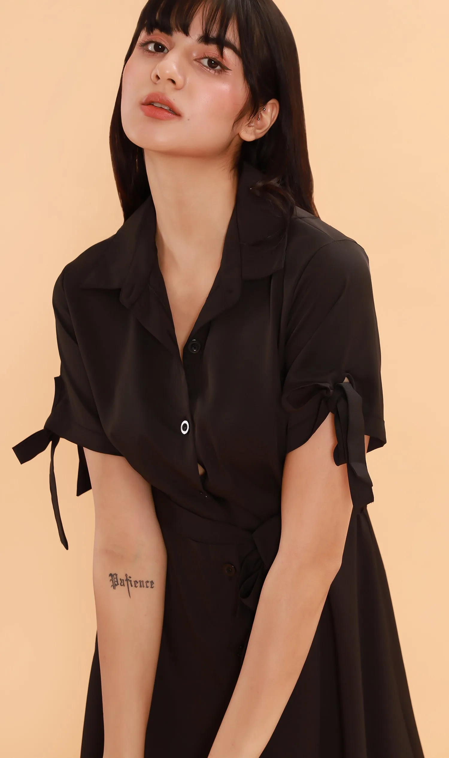 PEYTON Belted Button-Down Dress (Black)