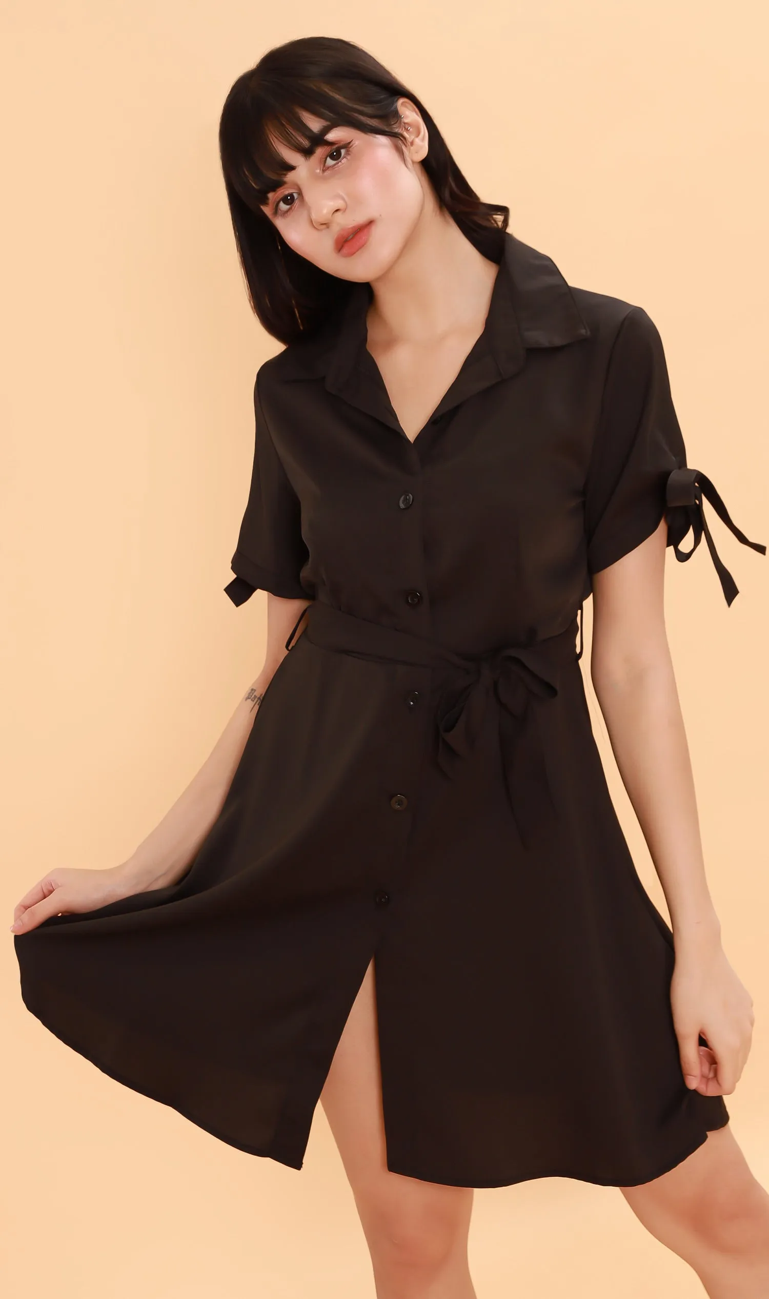 PEYTON Belted Button-Down Dress (Black)
