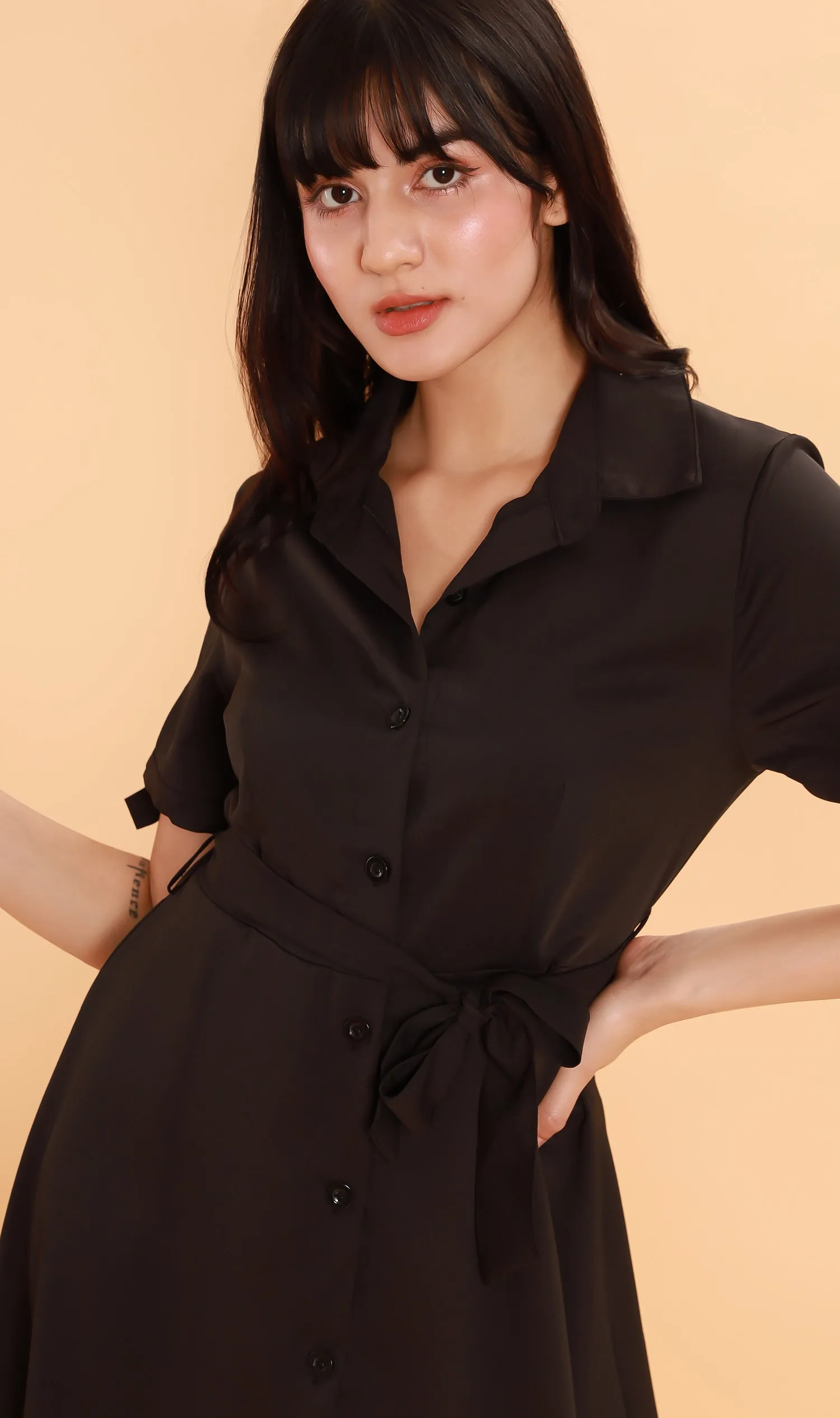 PEYTON Belted Button-Down Dress (Black)