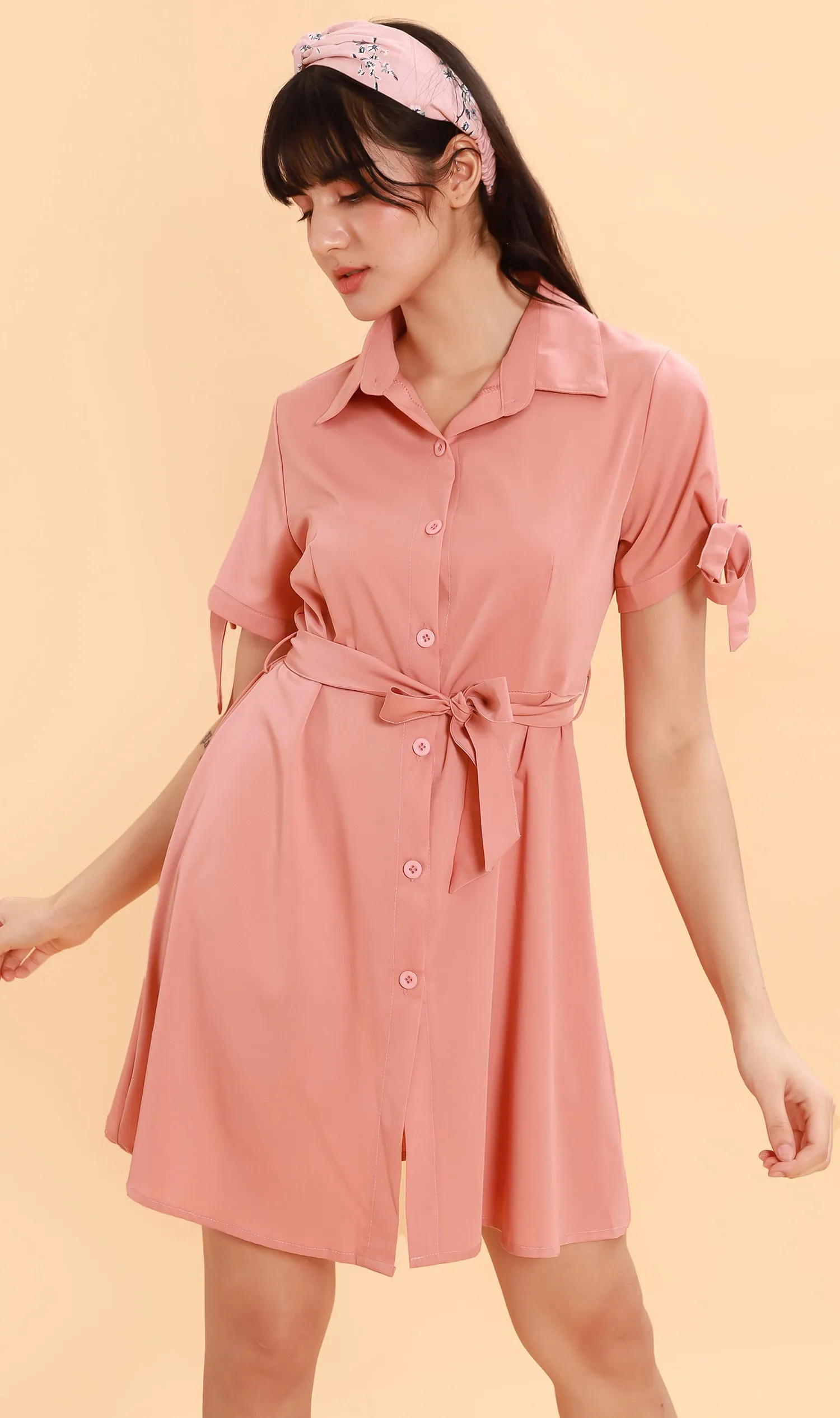 PEYTON Belted Button-Down Dress (Pink)