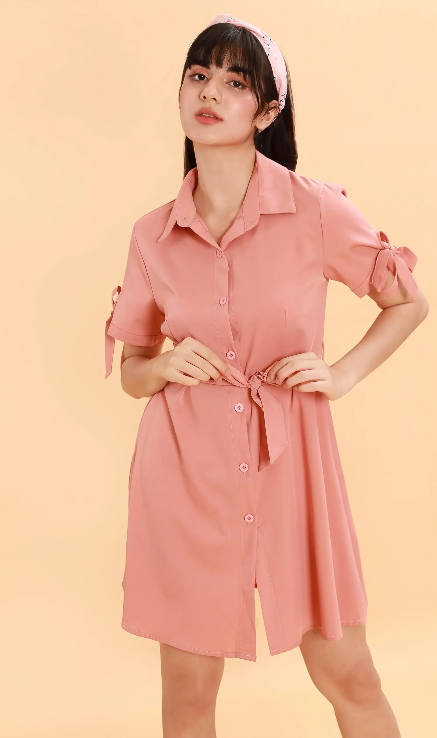 PEYTON Belted Button-Down Dress (Pink)