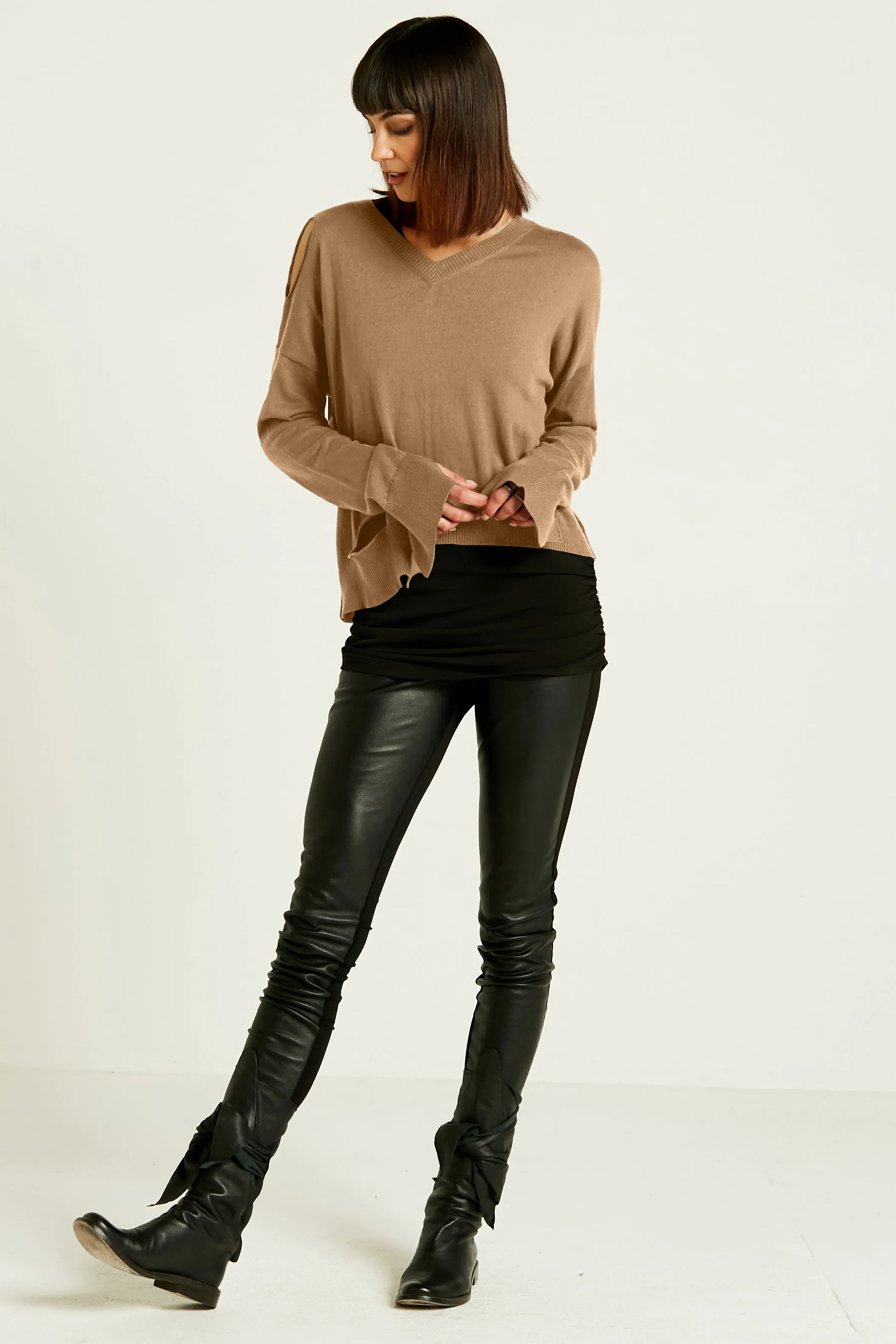 Pima Cotton Ripped Mini V Neck Sweater