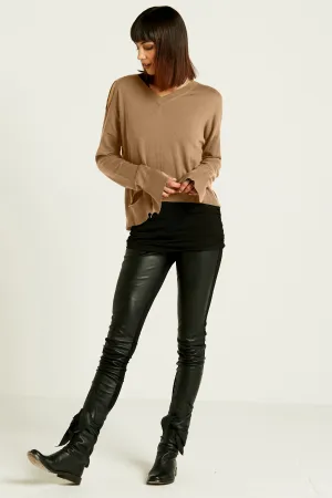 Pima Cotton Ripped Mini V Neck Sweater