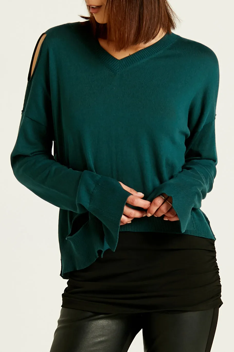 Pima Cotton Ripped Mini V Neck Sweater