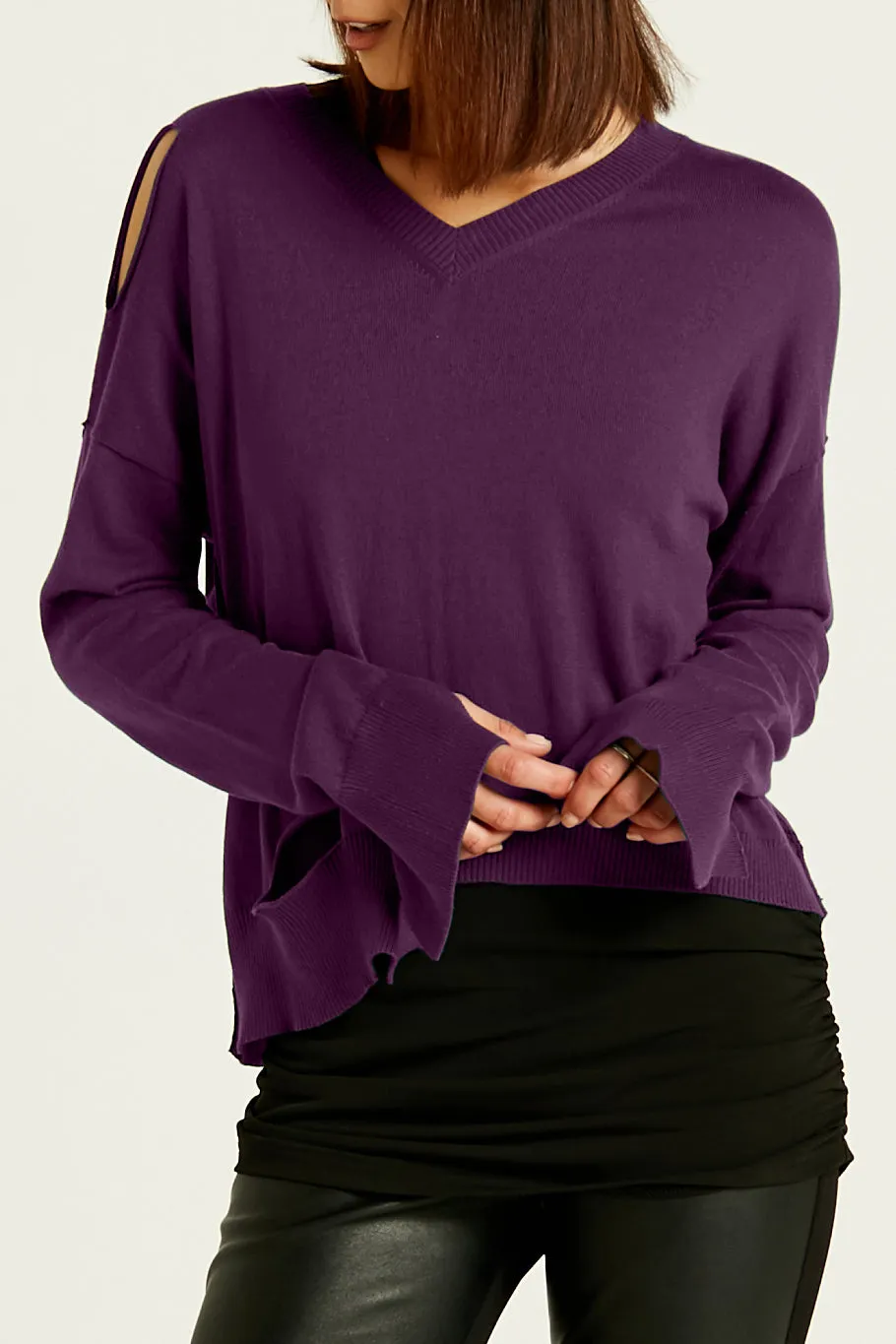 Pima Cotton Ripped Mini V Neck Sweater