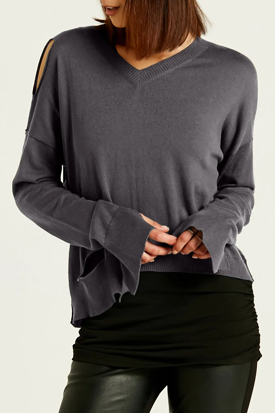 Pima Cotton Ripped Mini V Neck Sweater