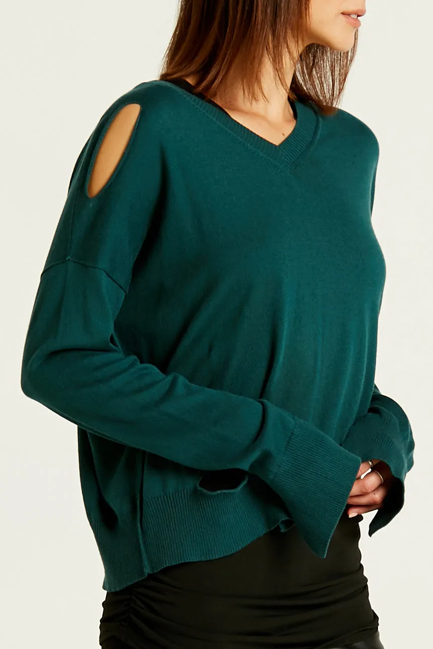 Pima Cotton Ripped Mini V Neck Sweater