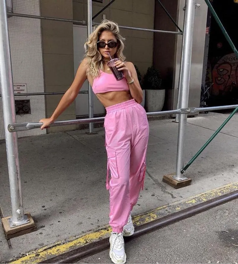 Pink 2 Piece Set Crop Top and Cargo Pants