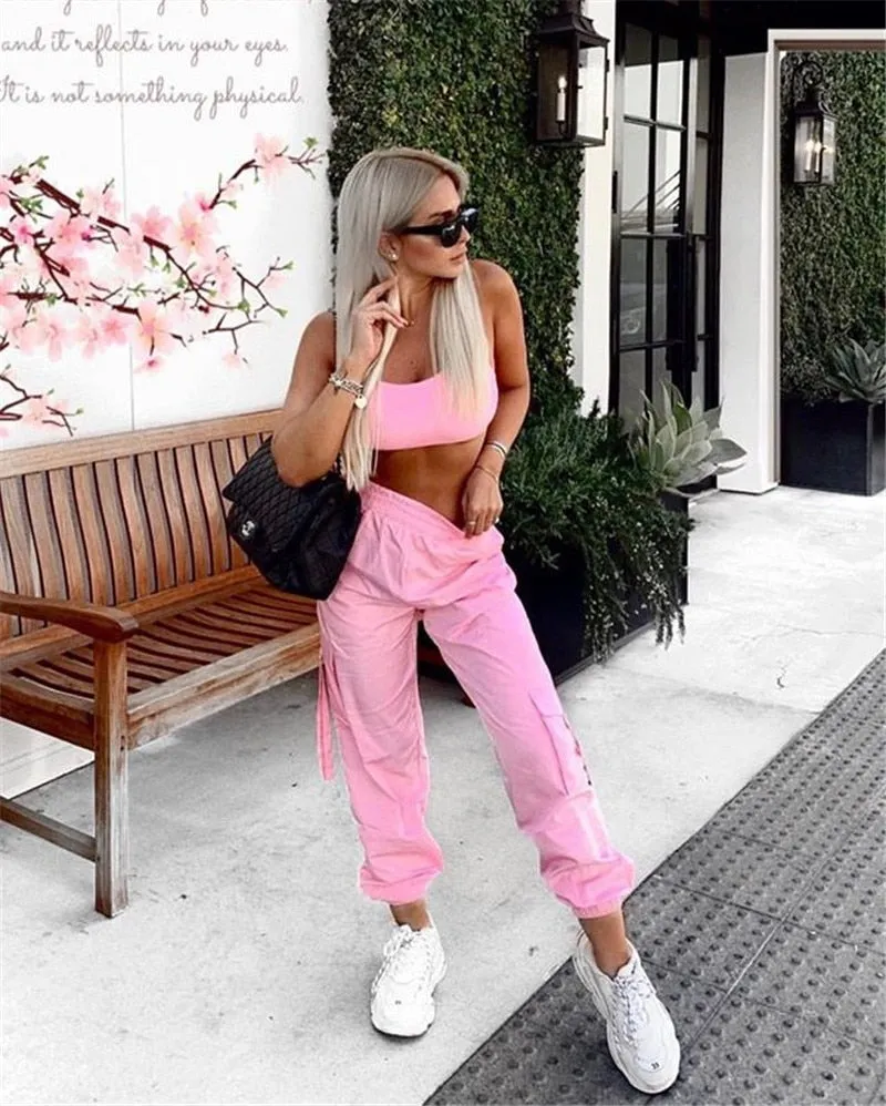 Pink 2 Piece Set Crop Top and Cargo Pants