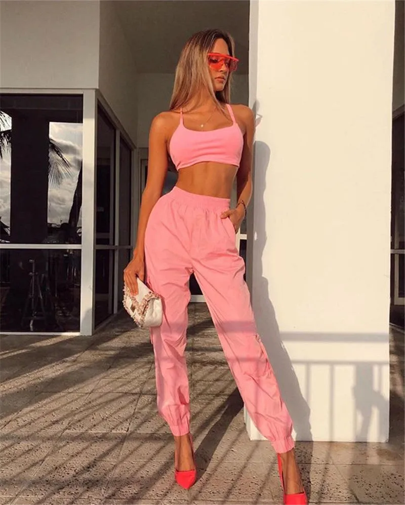 Pink 2 Piece Set Crop Top and Cargo Pants