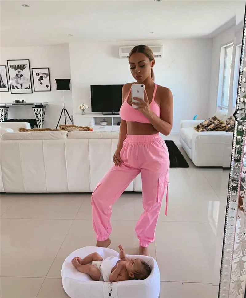 Pink 2 Piece Set Crop Top and Cargo Pants