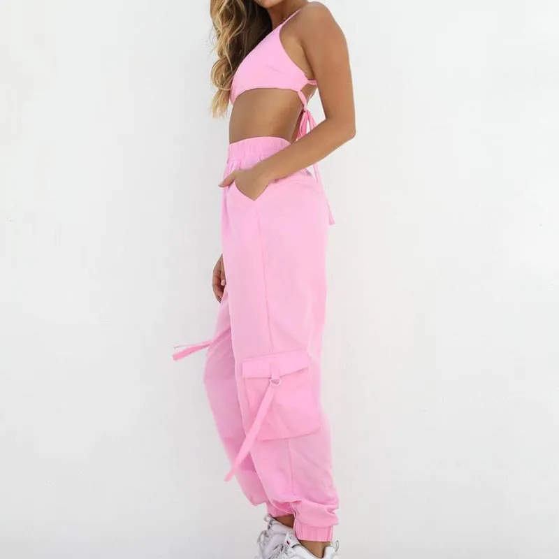 Pink 2 Piece Set Crop Top and Cargo Pants