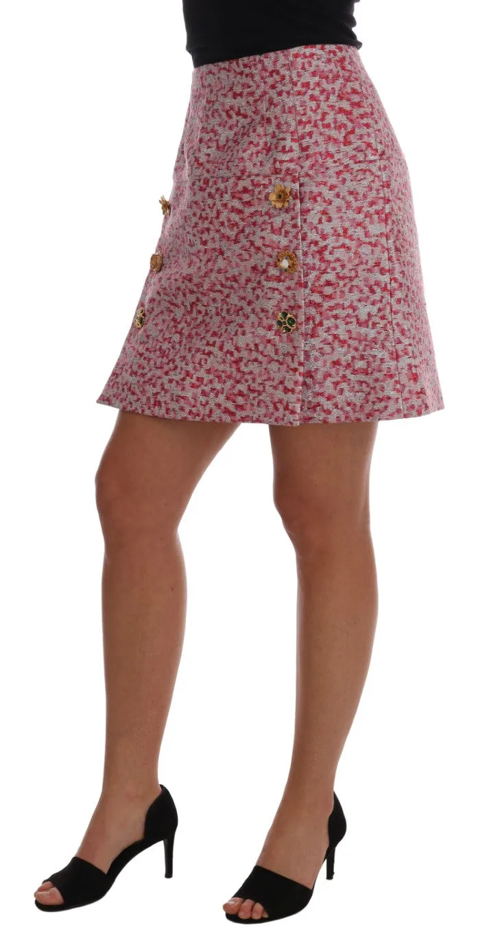 Pink A-Line Crystal Floral Brooch Skirt