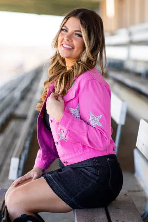 Pink Denim Jacket With Silver Sequin Stars