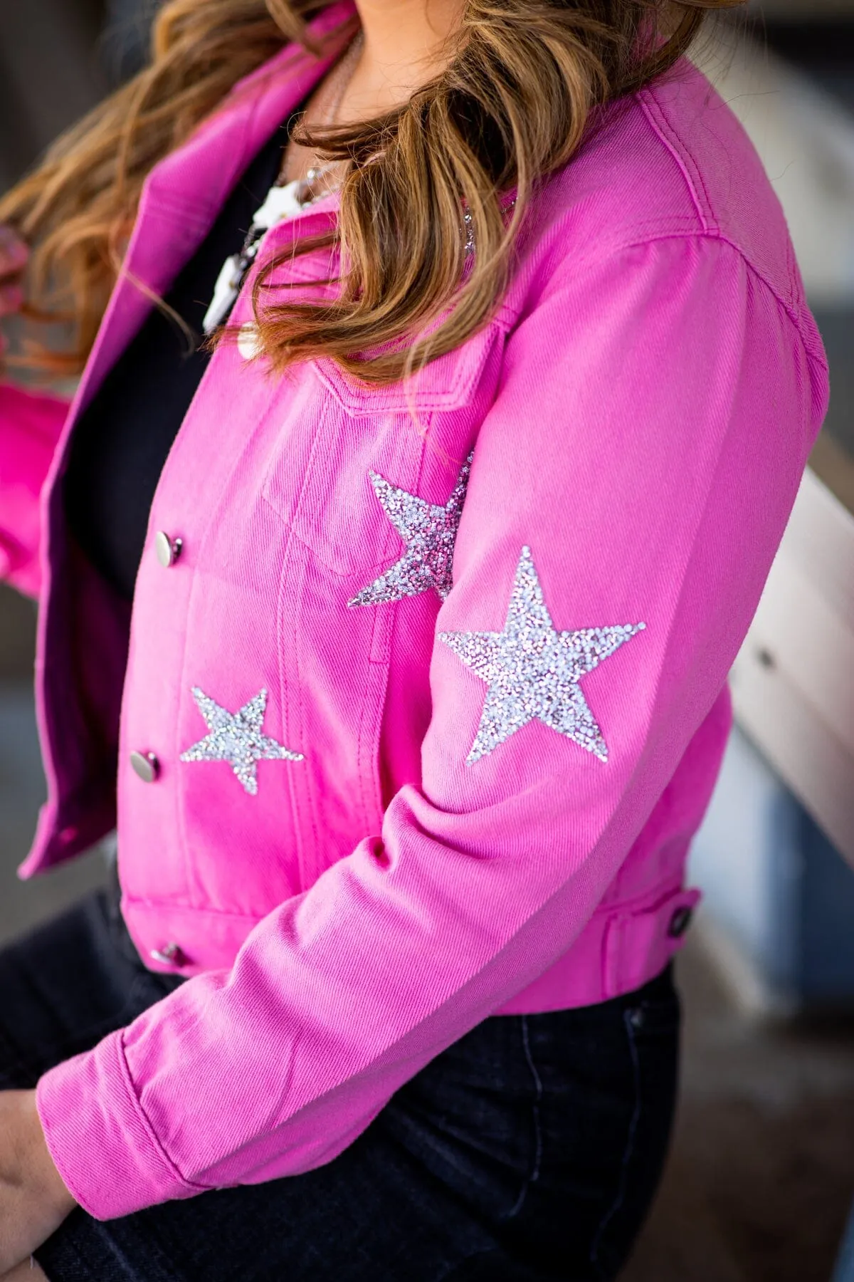 Pink Denim Jacket With Silver Sequin Stars