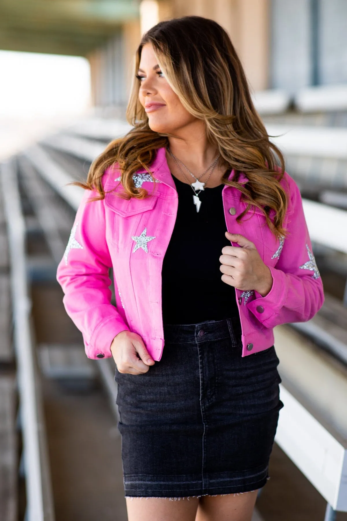 Pink Denim Jacket With Silver Sequin Stars