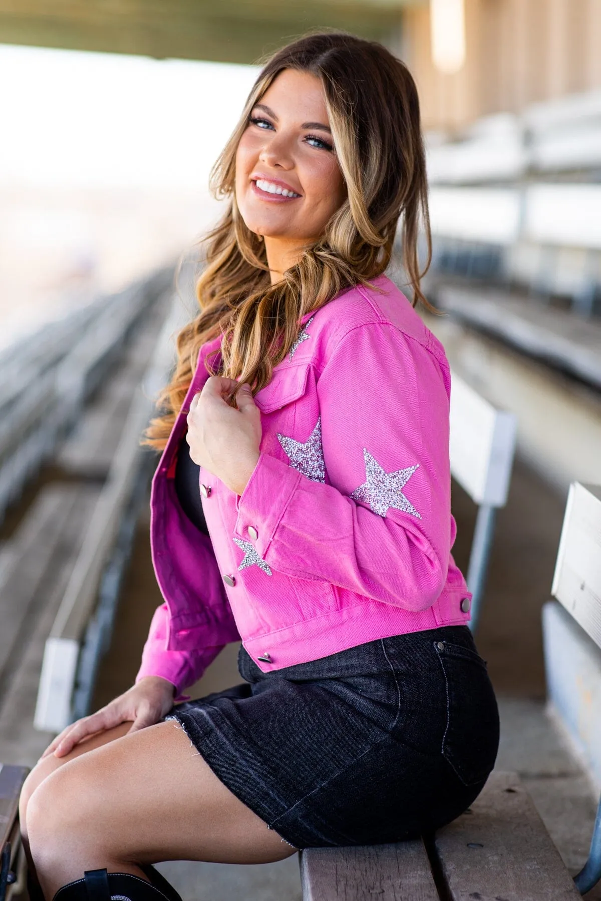 Pink Denim Jacket With Silver Sequin Stars