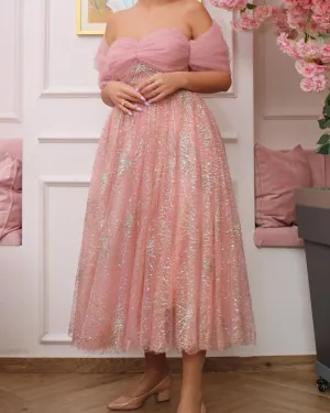 Pink Glitter Tulle Midi Dress