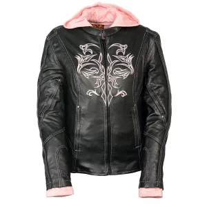 PINK ML2066 Women's 3/4 Black and Pink Leather Hoodie Jacket with Reflective Tribal Design