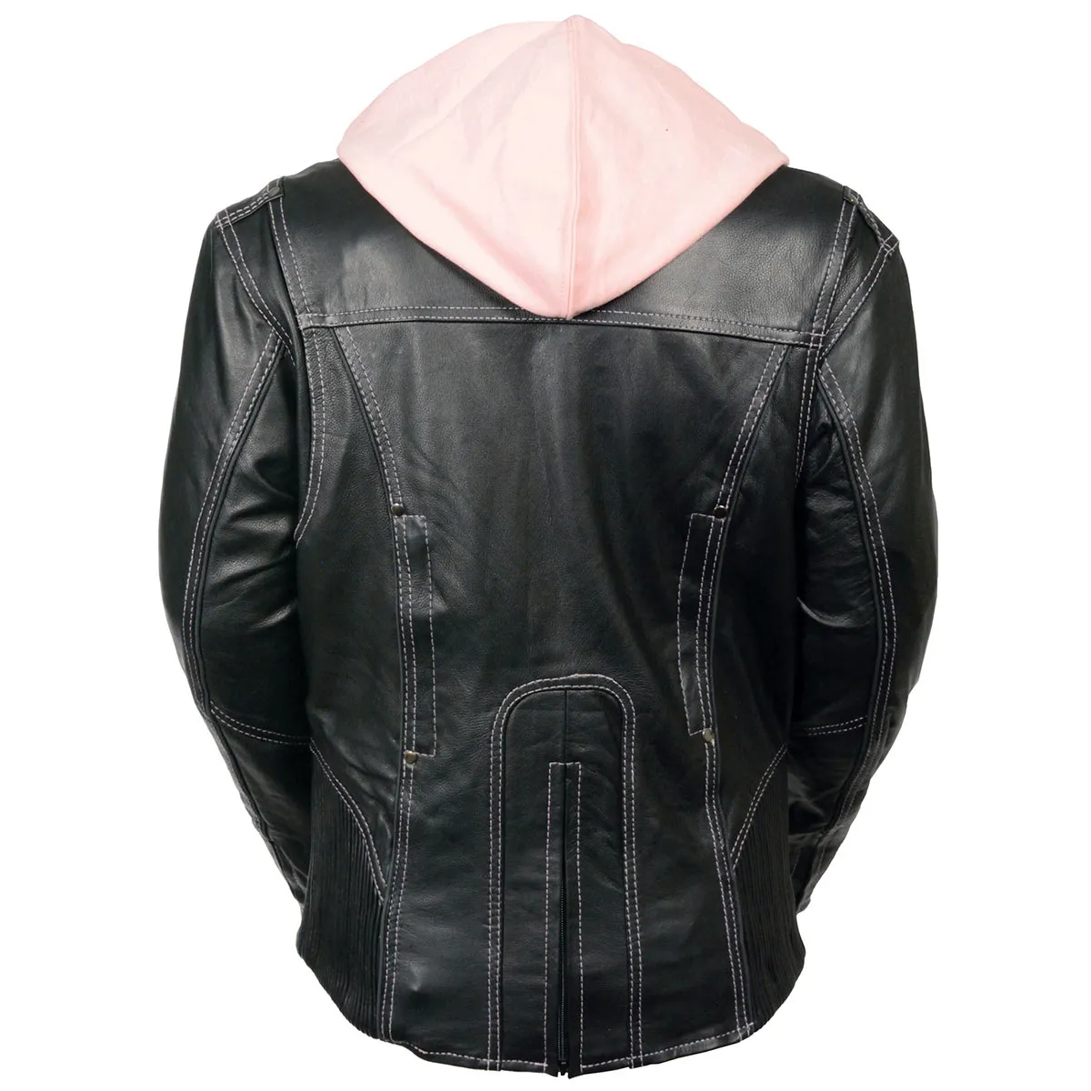 PINK ML2066 Women's 3/4 Black and Pink Leather Hoodie Jacket with Reflective Tribal Design
