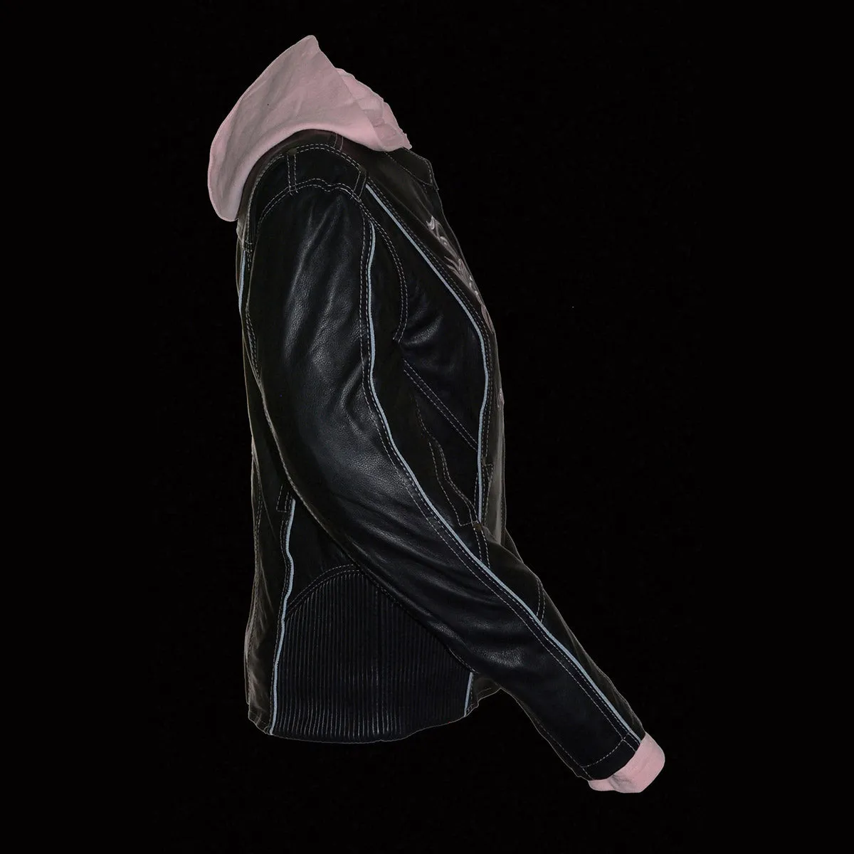 PINK ML2066 Women's 3/4 Black and Pink Leather Hoodie Jacket with Reflective Tribal Design