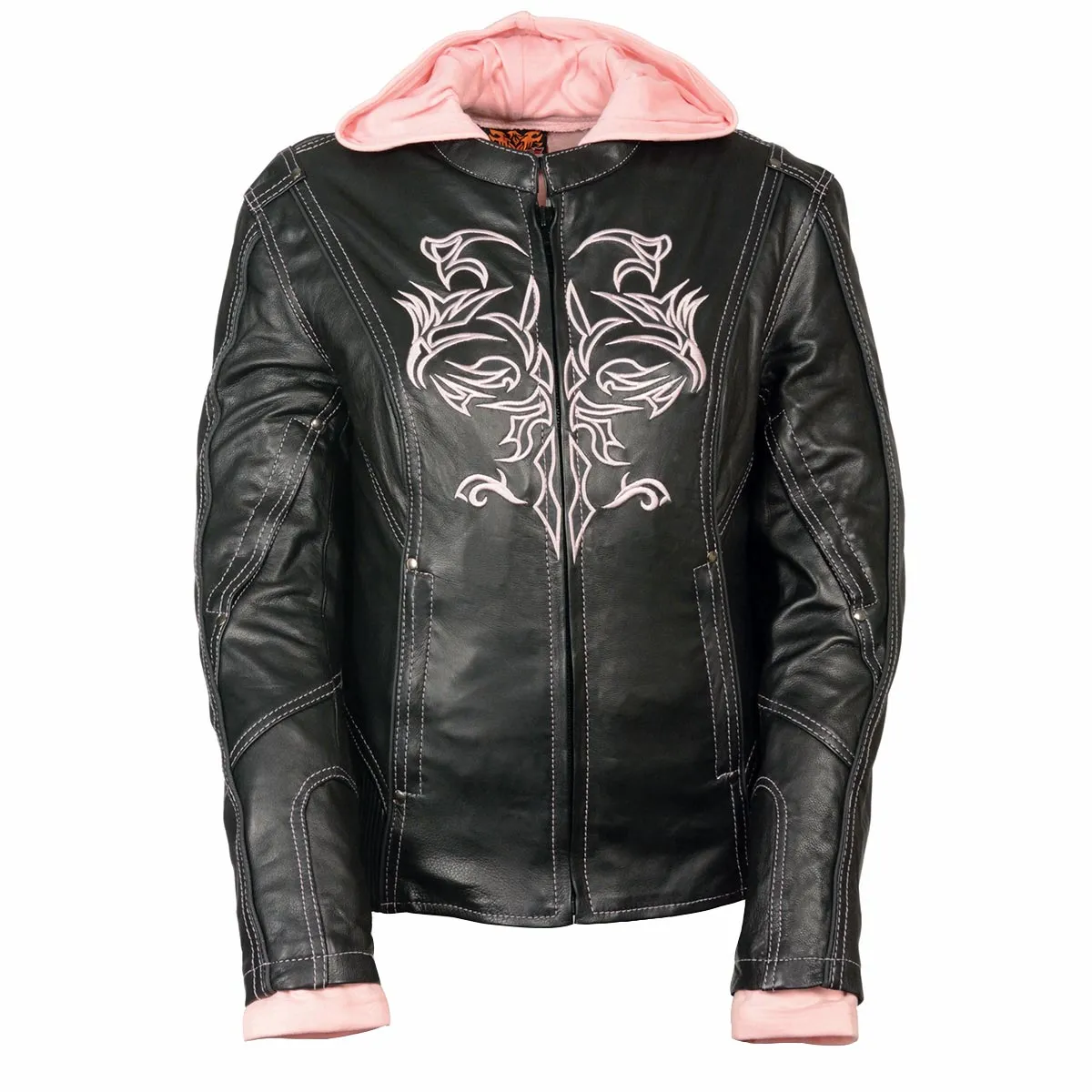 PINK ML2066 Women's 3/4 Black and Pink Leather Hoodie Jacket with Reflective Tribal Design