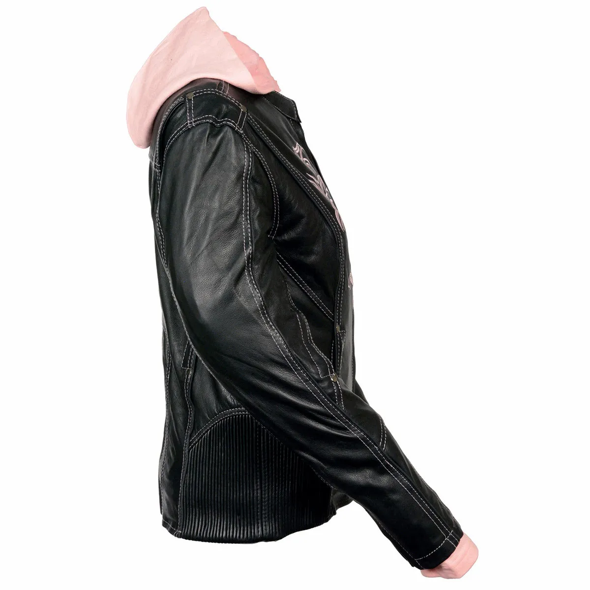PINK ML2066 Women's 3/4 Black and Pink Leather Hoodie Jacket with Reflective Tribal Design