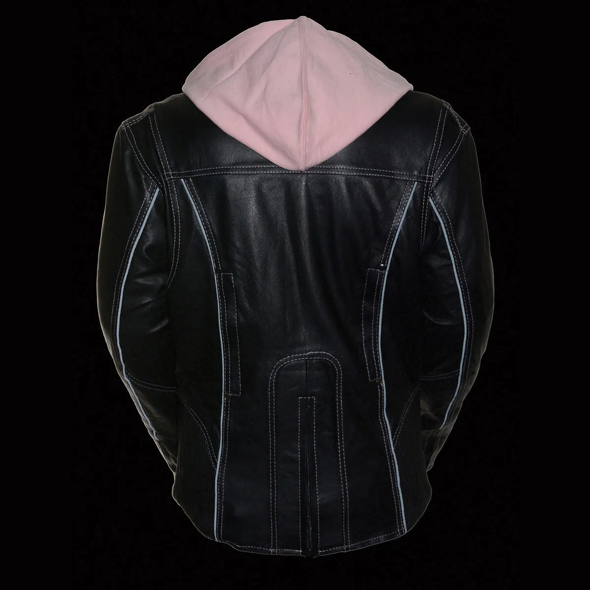 PINK ML2066 Women's 3/4 Black and Pink Leather Hoodie Jacket with Reflective Tribal Design