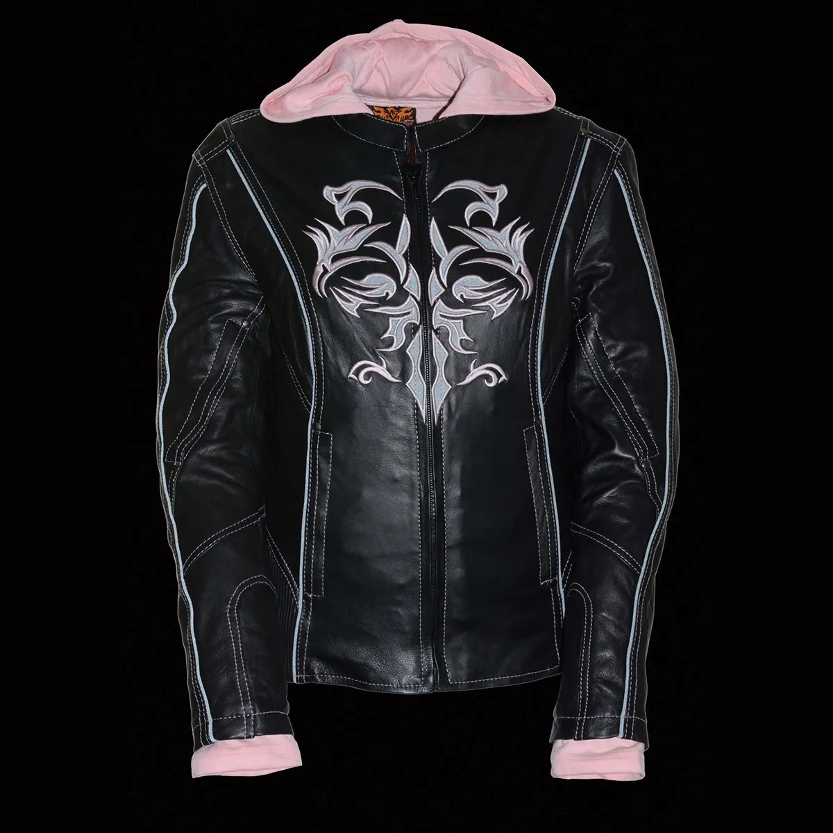 PINK ML2066 Women's 3/4 Black and Pink Leather Hoodie Jacket with Reflective Tribal Design