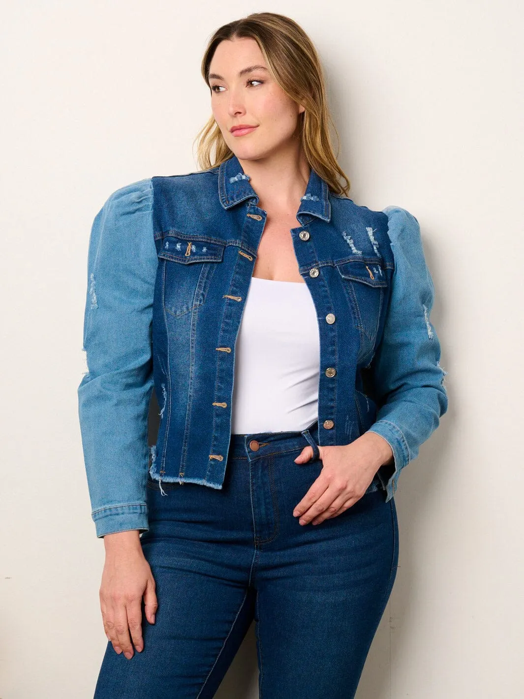 PLUS SIZE LONG PUFF SLEEVE BUTTON CLOSURE COLORBLOCK DENIM JACKET