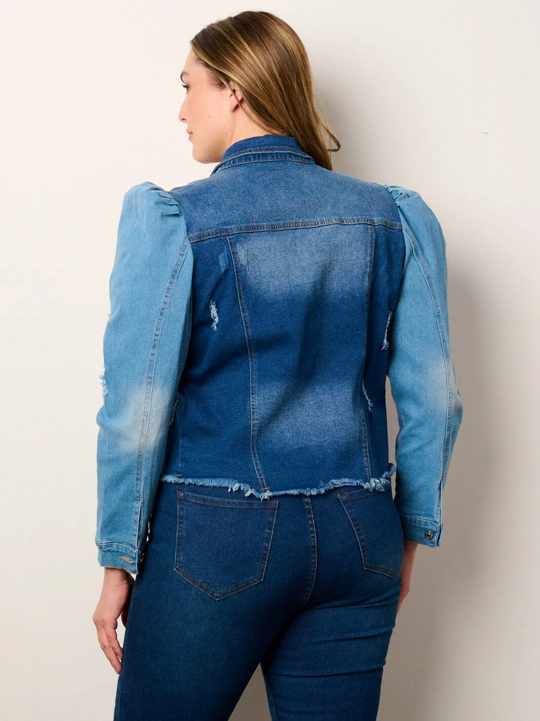 PLUS SIZE LONG PUFF SLEEVE BUTTON CLOSURE COLORBLOCK DENIM JACKET