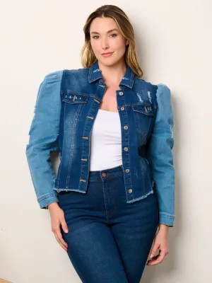 PLUS SIZE LONG PUFF SLEEVE BUTTON CLOSURE COLORBLOCK DENIM JACKET