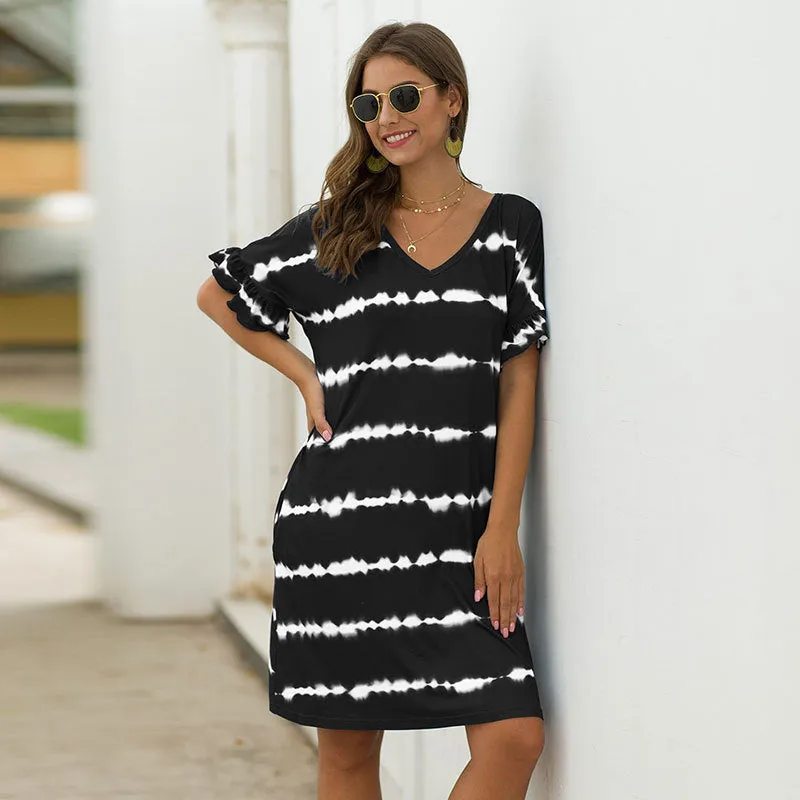Pocket Striped Mini Dresses Lotus Sleeve