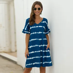 Pocket Striped Mini Dresses Lotus Sleeve