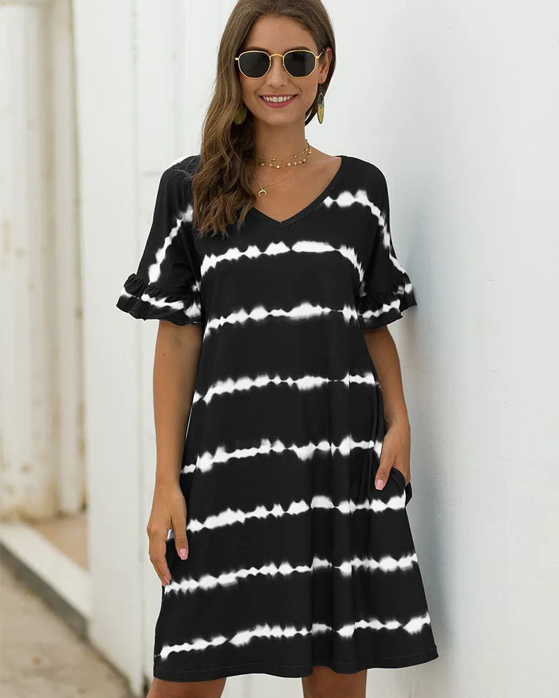 Pocket Striped Mini Dresses Lotus Sleeve