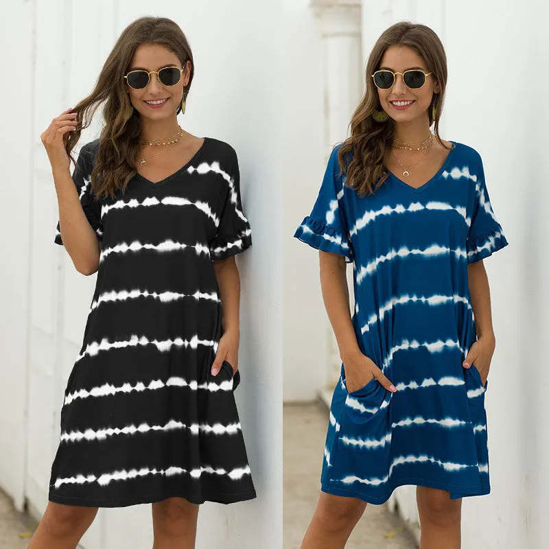 Pocket Striped Mini Dresses Lotus Sleeve