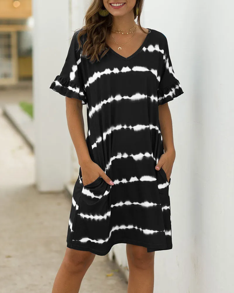 Pocket Striped Mini Dresses Lotus Sleeve